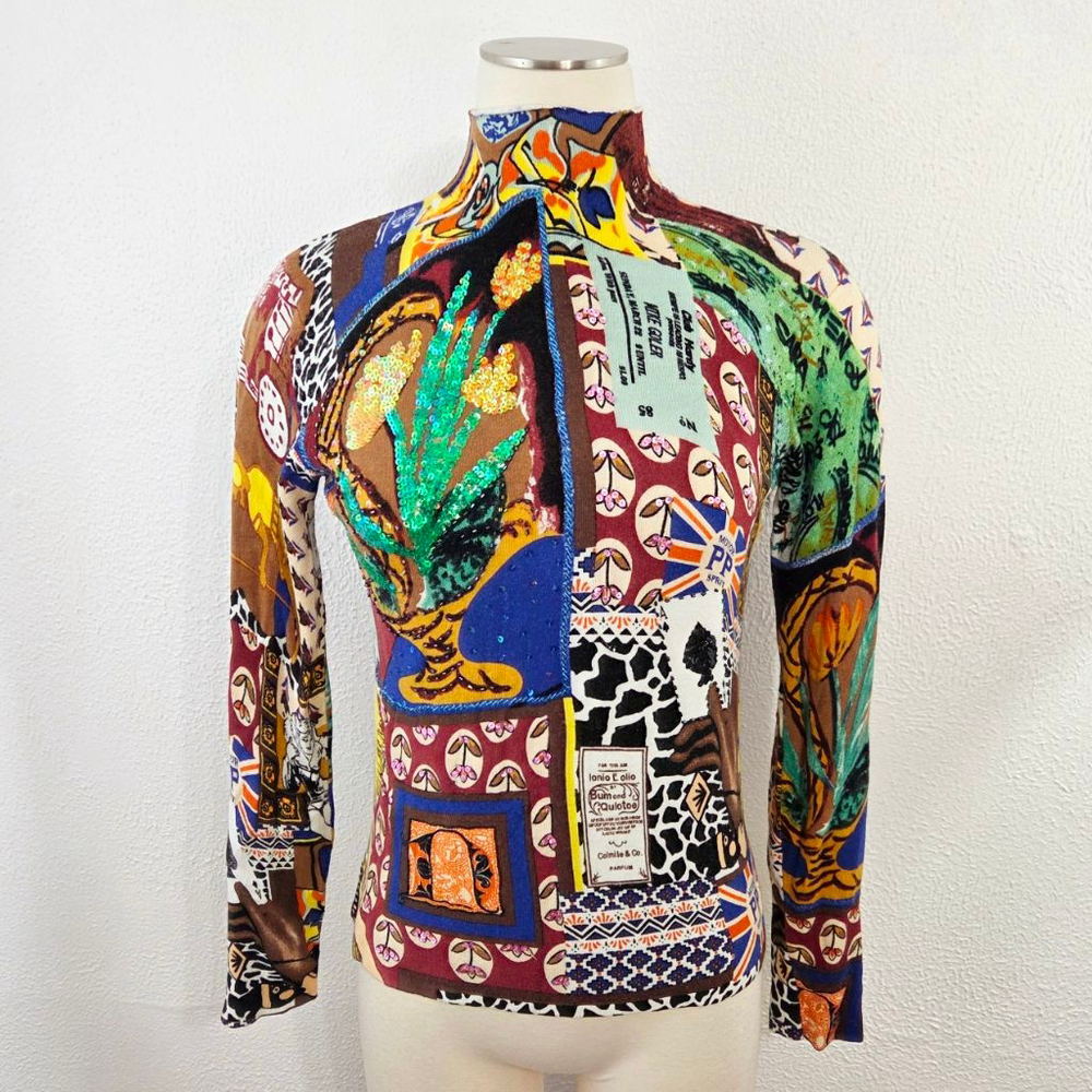 Alberto Makali patchwork sequin mock neck sweater colorful abstract women medium - Picture 1 of 9
